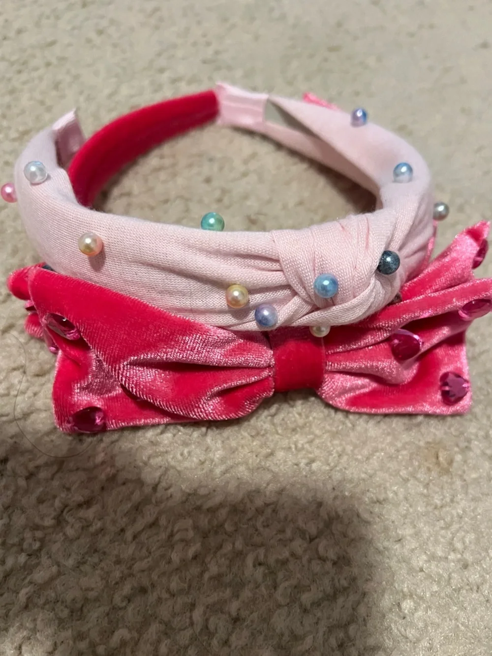 Pink Pearl-Embellished & Velvet Bow Kids Headband
